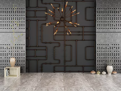 Black Geometric Patterned Background Wall With Gray Perforated Sides Pendant Light And Decorative Vases 3d model