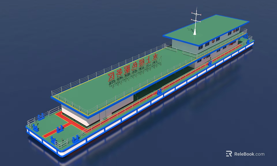 Multi Deck Engineering Ship With Green Deck And Blue Trim 3d model 