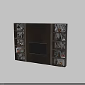 Modern TV Wall with Textured Wooden Panel Flanking Open Shelves Decorative Vases Sculptures and Books