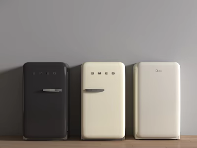 Retro Style Refrigerators in Black Cream White Colors Against Gray Wall on Wooden Countertop 3d model