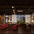 Cozy Café Interior Design With Pendant Lights Wooden Bookshelves Green Plants And Tables