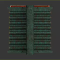 Traditional Japanese Shrine Structure With Teal Roof Red Pillars And Wooden Base