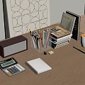 Notebook on Wooden Desk with Calculator Clock Pencil Holder Stack of Books and Mug