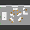 Modern Office Interior With Desks Chairs Potted Plants And Window Shades