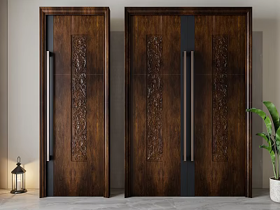 Double Wooden Carved Doors with Metal Handles in Modern Interior With Plant And Lantern 3d model