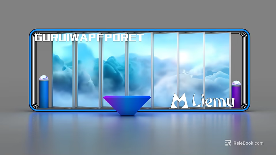 Modern Glass Fronted Display Shelves with Blue Decor and Liemu Branding 3d model 
