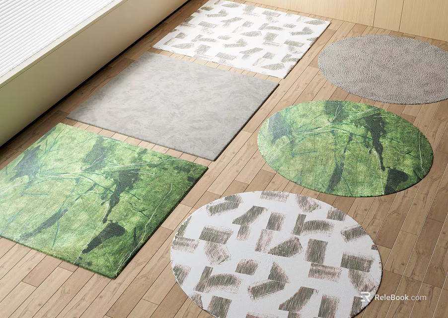 Square Rugs With Diverse Patterns On Wooden Floor 3d model