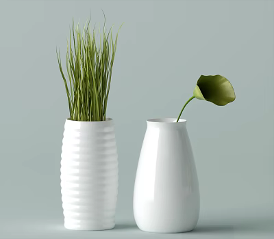 Minimalist White Ribbed And Smooth Vases With Green Grass Like Plants And Single Leaf 3d model