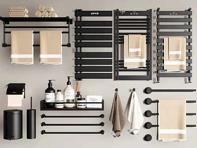 Modern Bathroom Accessories With Black Towel Racks Toilet Paper Holder Beige Towels And Soap Dispensers 3d model