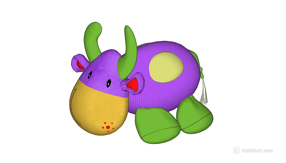 Purple Cow Shaped Plush Toy With Green Horns Ears Legs Yellow Nose And Red Dots 3d model 