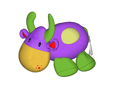 Purple Cow Shaped Plush Toy With Green Horns Ears Legs Yellow Nose And Red Dots 3d model