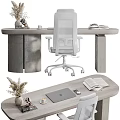 Modern Wooden Desk and Chair Set With Laptop Coffee Cup Decorations and White Chair