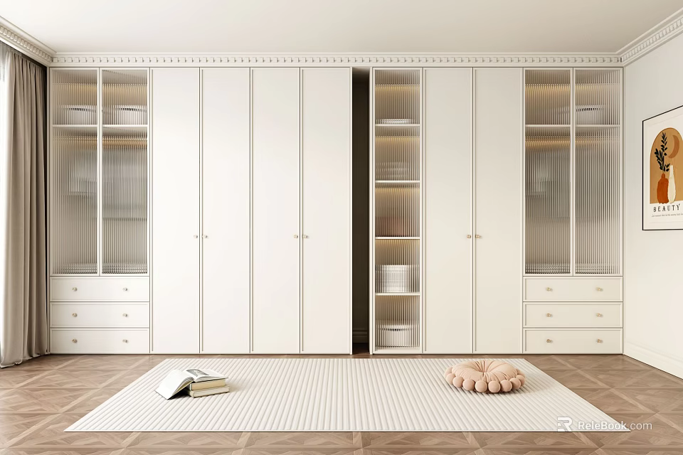 Modern White Wardrobe Interior With Glass Doors And Drawer Storage Space 3d model 