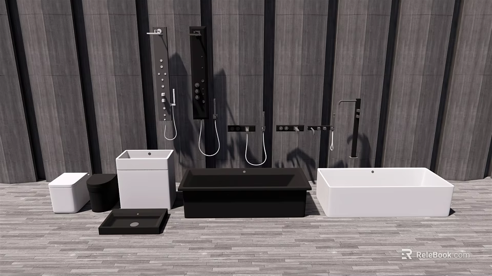 Modern Bathroom Set With Black Bathtub White Sink Basin And Shower Fixtures On Wooden Floor 3d model 