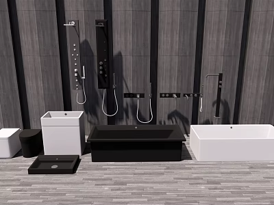 Modern Bathroom Set With Black Bathtub White Sink Basin And Shower Fixtures On Wooden Floor 3d model
