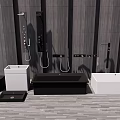 Modern Bathroom Set With Black Bathtub White Sink Basin And Shower Fixtures On Wooden Floor