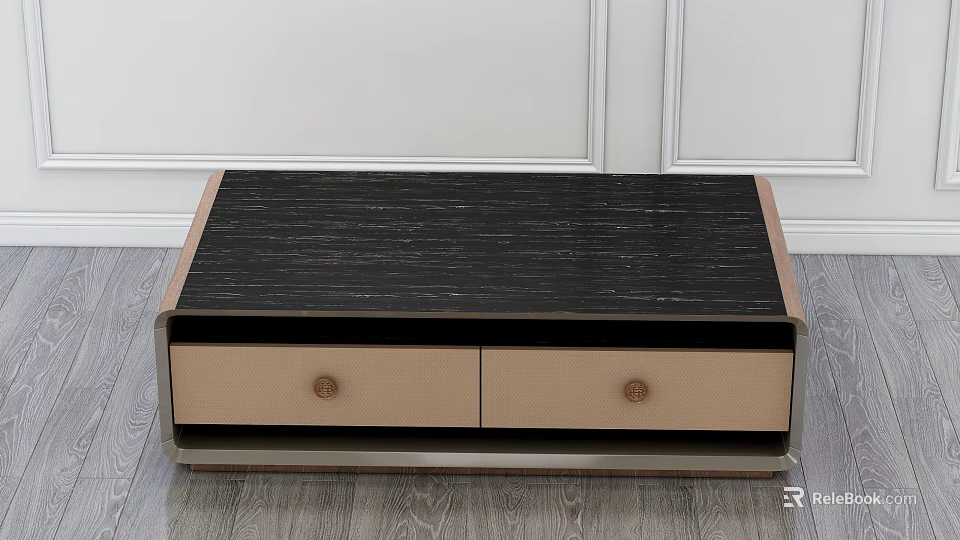 Modern Coffee Table With Black Marble Top And Two Beige Drawers 3d model