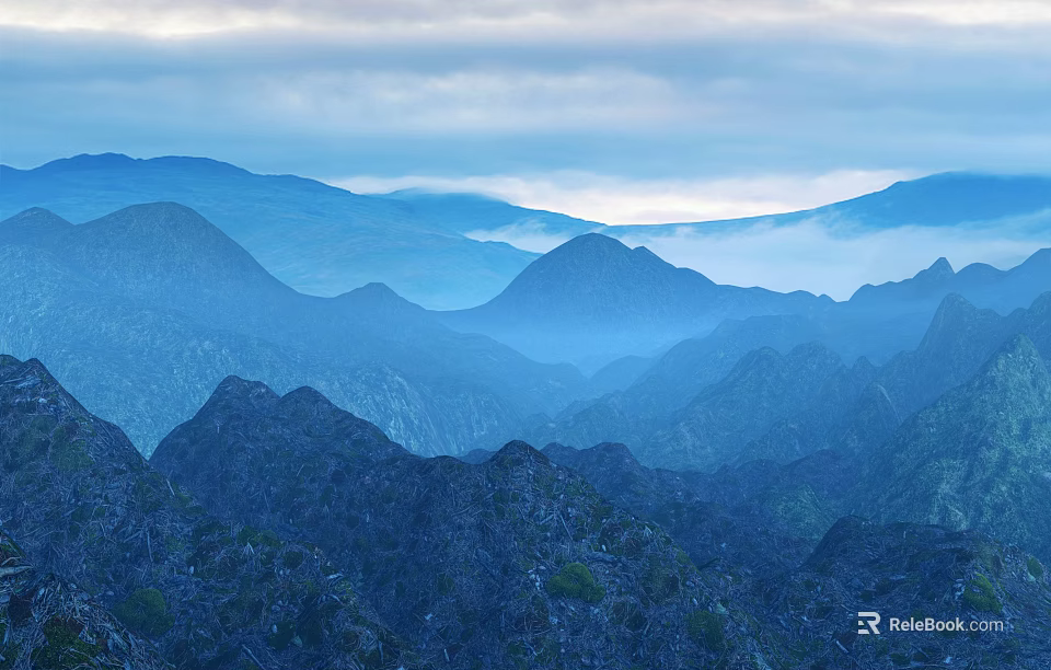 Garden Landscape With Misty Mountain Ranges And Lush Green Vegetation 3d model 