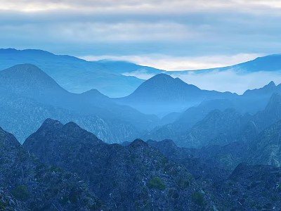 Garden Landscape With Misty Mountain Ranges And Lush Green Vegetation 3d model