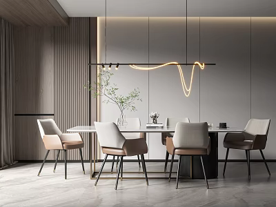 Modern Dining Table Set With Minimalist Chairs And Hanging Light Fixture 3d model