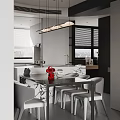 Modern Restaurant Interior With Marble Dining Table Gray Chairs And Hanging Pendant Lights