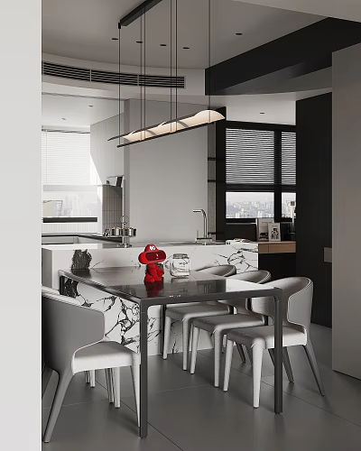 Modern Restaurant Interior With Marble Dining Table Gray Chairs And Hanging Pendant Lights 3d model