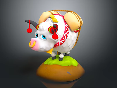 Cute Cartoon Sheep With Big Horns Red Balls Red White Patterned Body Green Grass Brown Base 3d model