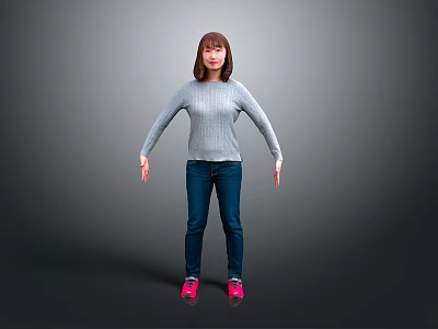 Woman in Gray Sweater Blue Jeans and Pink Shoes Standing on Gray Background 3d model