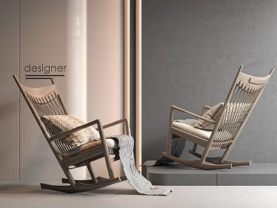 Modern Designer Woven Rocking Chair With Wooden Frame And Comfortable Pillow 3d model