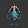 Detailed Blue Dragon With Riding Character And Long Body In Gray Background