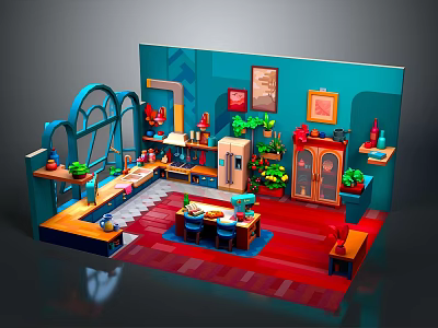 Teal Walled Kitchen Interior With Red Floor Cabinets Refrigerator Dining Table Plants And Decorative Paintings 3d model