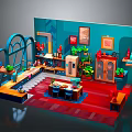 Teal Walled Kitchen Interior With Red Floor Cabinets Refrigerator Dining Table Plants And Decorative Paintings