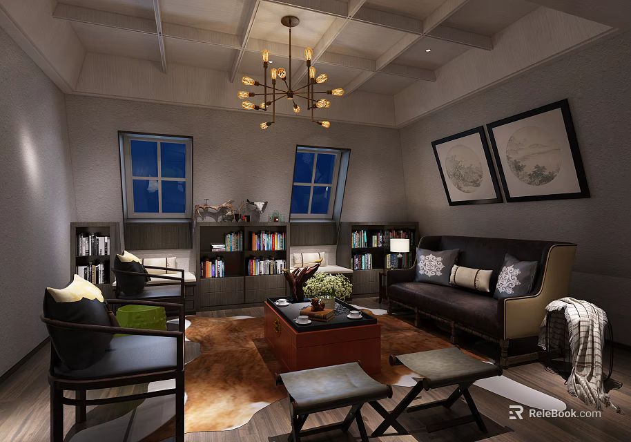 Hotel Public Lounge Featuring Comfortable Sofa Bookshelves Chandelier Area Rug And Decorative Paintings 3d model 