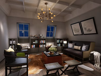 Hotel Public Lounge Featuring Comfortable Sofa Bookshelves Chandelier Area Rug And Decorative Paintings 3d model