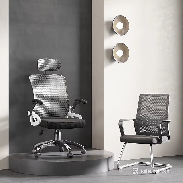 Modern Mesh Back Office Chairs Adjustable And Fixed With Gray Wall And Round Lamps 3d model