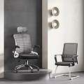 Modern Mesh Back Office Chairs Adjustable And Fixed With Gray Wall And Round Lamps 3d model