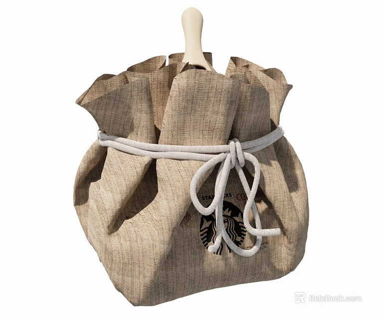Linen Storage Bag With Wooden Handle And White Rope For Daily Use 3d model 