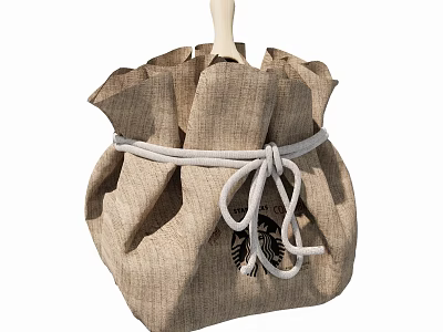 Linen Storage Bag With Wooden Handle And White Rope For Daily Use 3d model