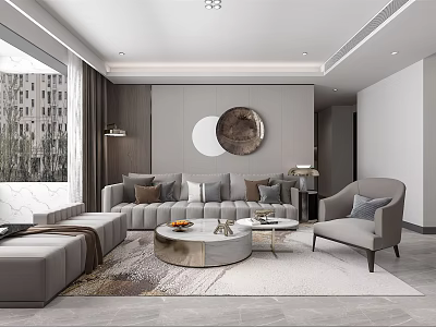 Modern Living Room Interior Design With Grey L Shaped Sofa Round Mirror And Coffee Tables 3d model