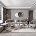 Modern Living Room Interior Design With Grey L Shaped Sofa Round Mirror And Coffee Tables