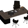 Modern Executive Office Desk With Wooden Top Black Frame Computer Monitor Documents And Visitor Chairs
