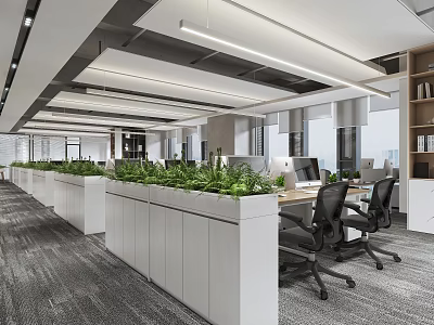 Modern Open Public Office Space With Green Plant Planters Work Desks And Office Chairs 3d model