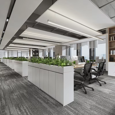 Modern Open Public Office Space With Green Plant Planters Work Desks And Office Chairs 3d model