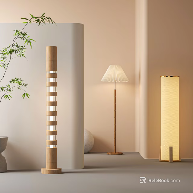 Modern Natural Floor Lamps with Minimalist Design and White Shades in Home Interior 3d model 