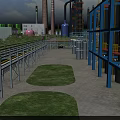 Industrial Plant Exterior With Metal Pipes Towers Green Grass And Platforms