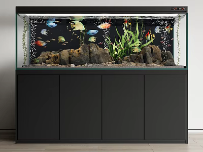 Modern Aquarium with Colorful Fish Green Aquatic Plants Rocks and Cabinet Stand 3d model