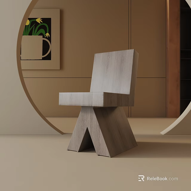 Modern Wooden Accent Chair With Geometric Base In Neutral Tones Interior With Decorative Plants 3d model 