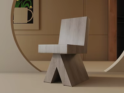 Modern Wooden Accent Chair With Geometric Base In Neutral Tones Interior With Decorative Plants 3d model