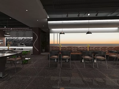 Modern Restaurant Interior With Booth Seating Pendant Lights Dark Floor And Wooden Tables 3d model
