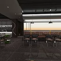 Modern Restaurant Interior With Booth Seating Pendant Lights Dark Floor And Wooden Tables